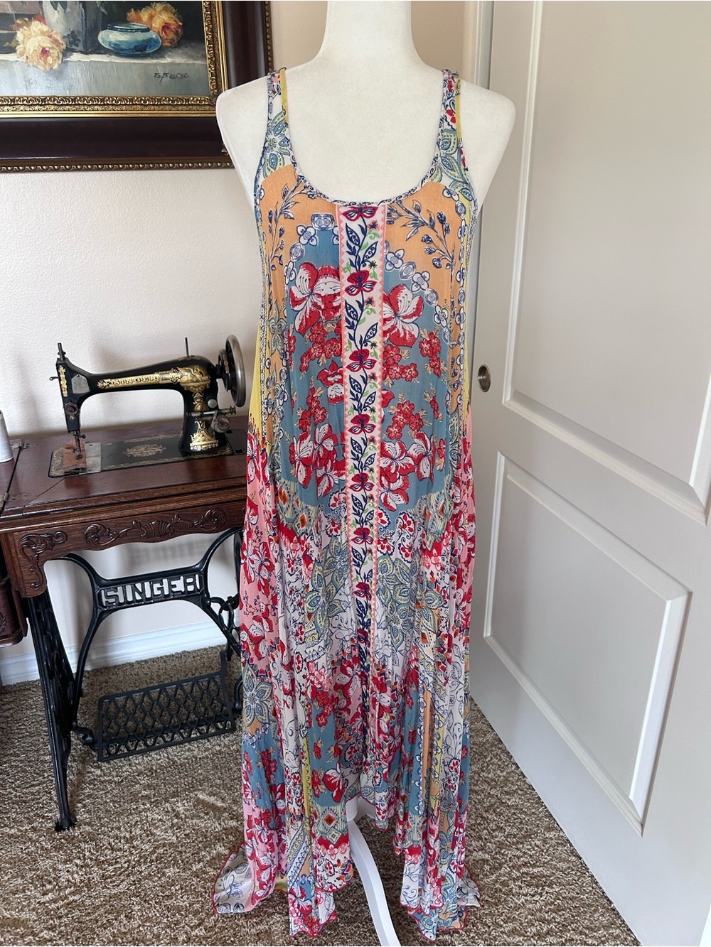 Boho Floral HiLow Maxi Dress in Orange Peach & Blue READ DESCRIPTION